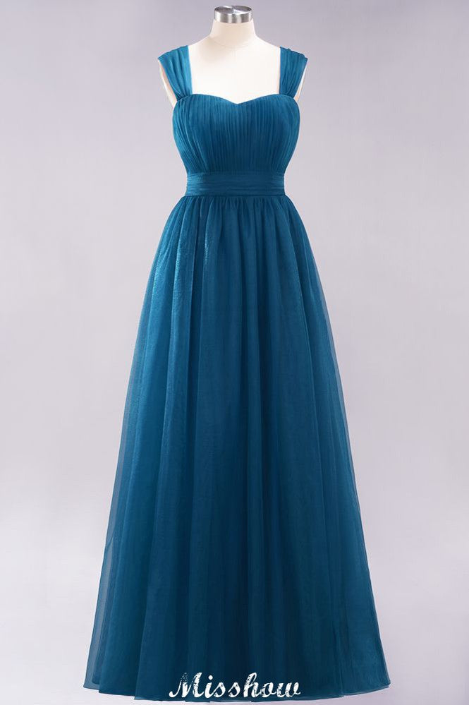 Elegante vestido de noche largo de tul sin mangas con tirantes burdeos para dama de honor