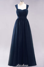 Elegante vestido de noche largo de tul sin mangas con tirantes burdeos para dama de honor