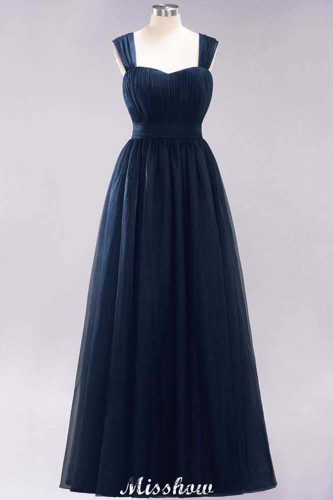 Elegante vestido de noche largo de tul sin mangas con tirantes burdeos para dama de honor