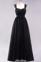 Elegante vestido de noche largo de tul sin mangas con tirantes burdeos para dama de honor