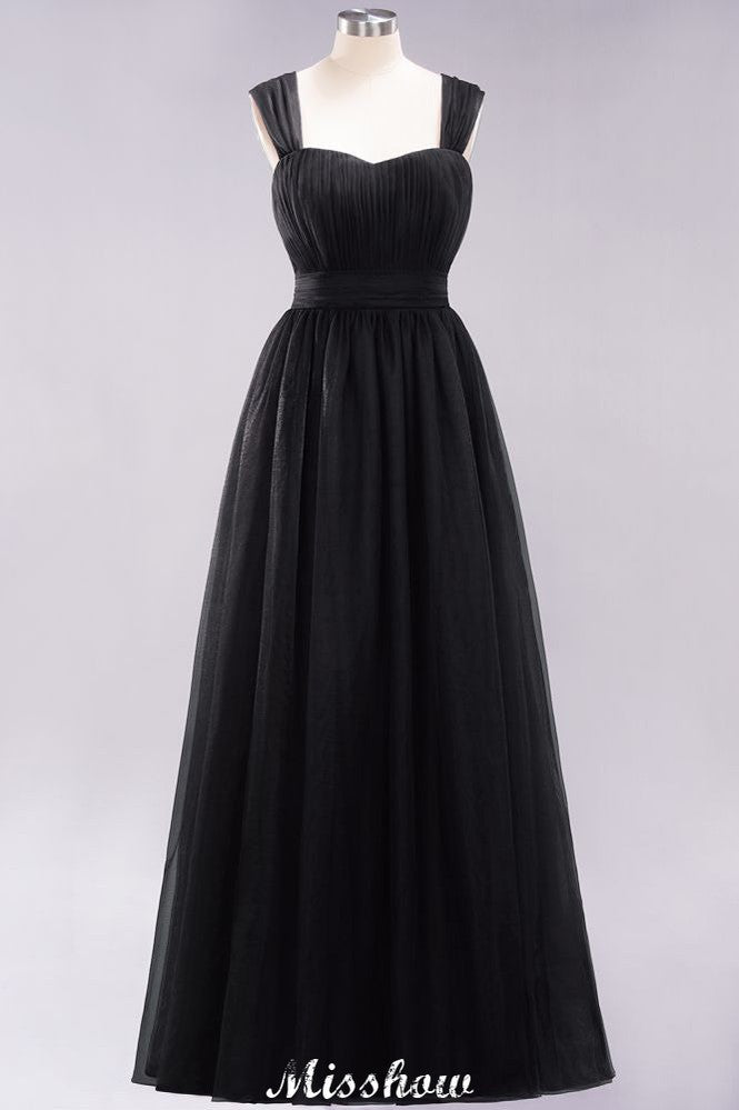 Elegante vestido de noche largo de tul sin mangas con tirantes burdeos para dama de honor