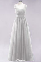 Elegante vestido de noche largo de tul sin mangas con tirantes burdeos para dama de honor