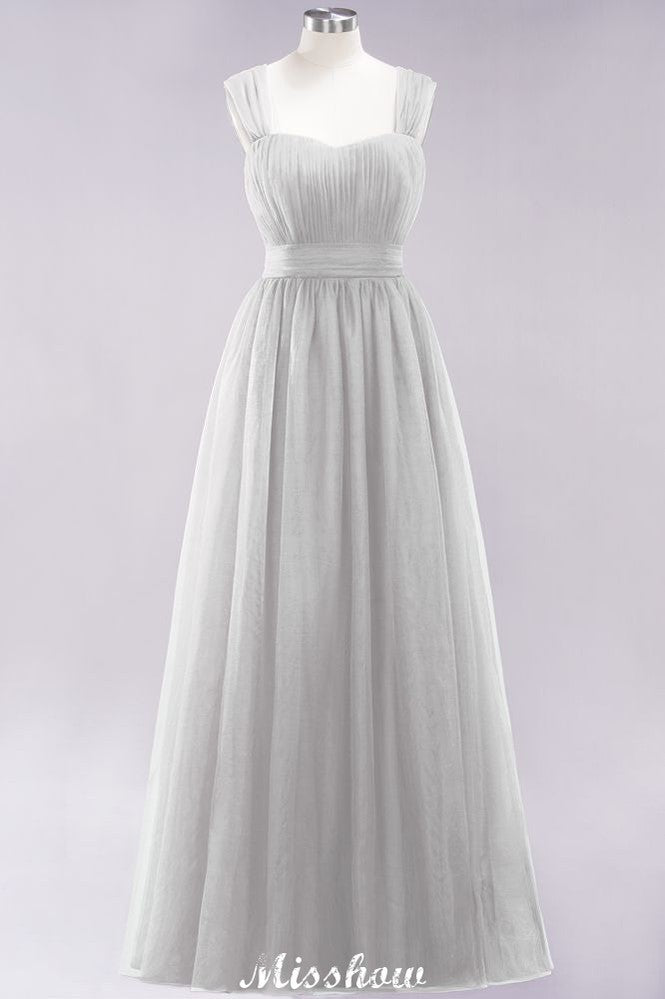 Elegante vestido de noche largo de tul sin mangas con tirantes burdeos para dama de honor