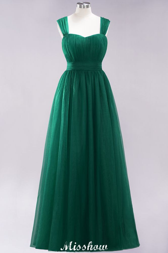 Elegante vestido de noche largo de tul sin mangas con tirantes burdeos para dama de honor
