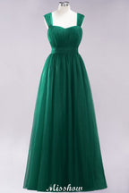 Elegante vestido de noche largo de tul sin mangas con tirantes burdeos para dama de honor
