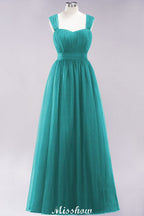 Elegante vestido de noche largo de tul sin mangas con tirantes burdeos para dama de honor