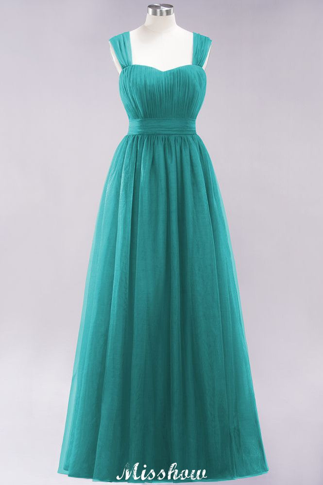 Elegante vestido de noche largo de tul sin mangas con tirantes burdeos para dama de honor