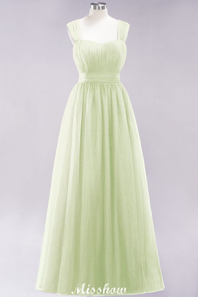 Elegante vestido de noche largo de tul sin mangas con tirantes burdeos para dama de honor