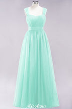 Elegante vestido de noche largo de tul sin mangas con tirantes burdeos para dama de honor