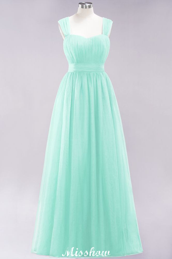 Elegante vestido de noche largo de tul sin mangas con tirantes burdeos para dama de honor
