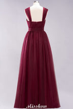 Elegante vestido de noche largo de tul sin mangas con tirantes burdeos para dama de honor