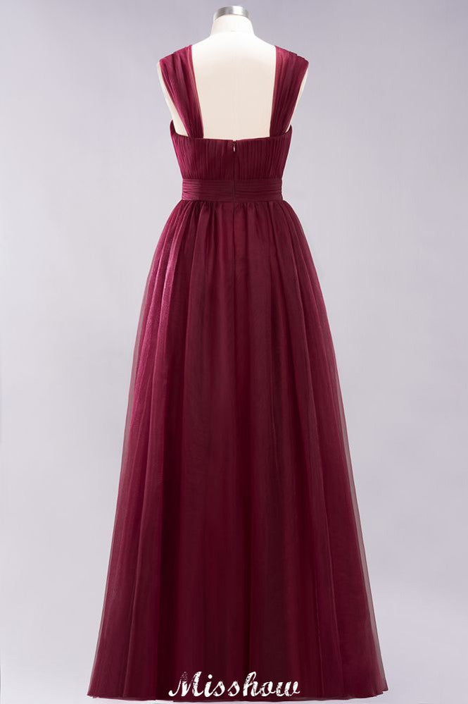 Elegante vestido de noche largo de tul sin mangas con tirantes burdeos para dama de honor