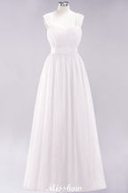 Elegante vestido de noche largo de tul sin mangas con tirantes burdeos para dama de honor