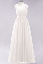 Elegante vestido de noche largo de tul sin mangas con tirantes burdeos para dama de honor