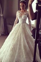 Elegant Ball Gown Lace Long Wedding Dress with Long Illusion Sleeves WD280
