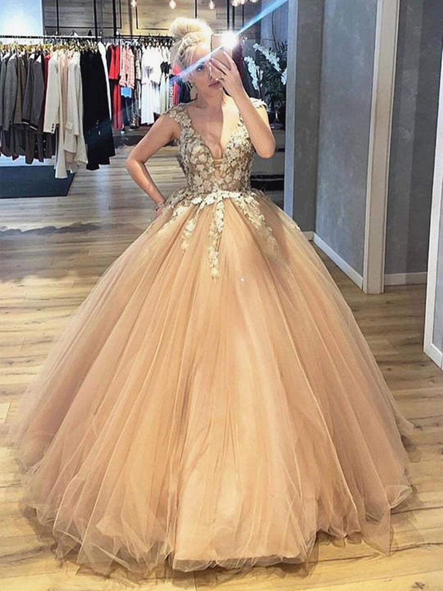 Elegante vestido de fiesta largo de tul con escote en V y encaje para graduación