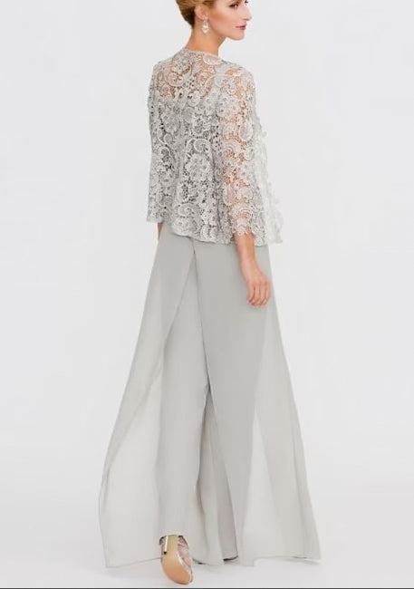 Elegante y hermoso vestido de madre de dos piezas de gasa con mangas 3/4