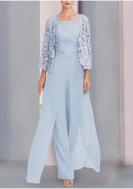Elegante y hermoso vestido de madre de dos piezas de gasa con mangas 3/4