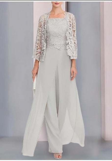 Elegante y hermoso vestido de madre de dos piezas de gasa con mangas 3/4