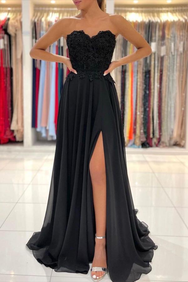 Elegante vestido de fiesta negro largo de gasa con escote en A y abertura