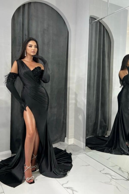Elegant Black Long Mermaid One Shoulder Sequined Prom Dresses With Slit