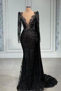 Elegante vestido de fiesta negro largo de sirena con escote en V de tul y encaje con mangas