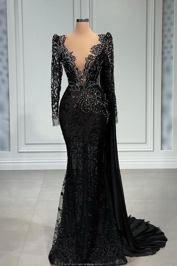 Elegante vestido de fiesta negro largo de sirena con escote en V de tul y encaje con mangas