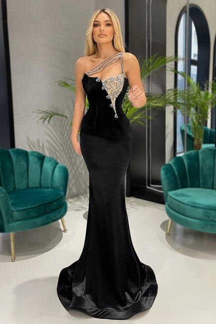 Elegantes vestidos de fiesta largos de terciopelo negro con brillo
