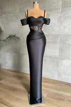Elegante vestido de fiesta de sirena negro con hombros descubiertos y encaje
