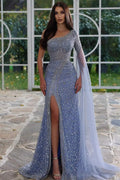 Elegante vestido de fiesta azul de un solo hombro con cuentas, manga larga y abertura