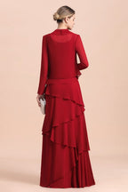 Elegante vestido de gasa burdeos para madre de la novia con volantes y chaqueta