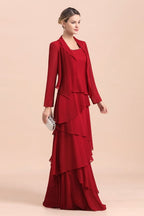 Elegante vestido de gasa burdeos para madre de la novia con volantes y chaqueta