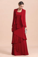 Elegante vestido de gasa burdeos para madre de la novia con volantes y chaqueta