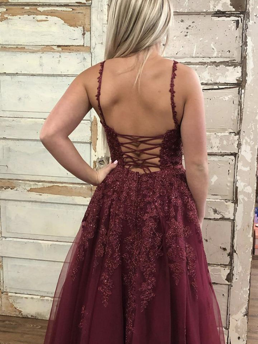 Elegant Burgundy Long A Line V Neck Open Back Tulle Lace Formal Prom Dresses