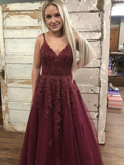 Elegant Burgundy Long A Line V Neck Open Back Tulle Lace Formal Prom Dresses