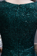 Elegante vestido de fiesta largo con lentejuelas verdes y mangas cortas