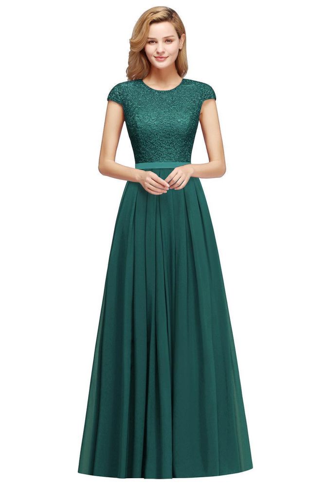 Elegante vestido de noche con mangas cortas y corte en A, vestido de fiesta largo azul marino