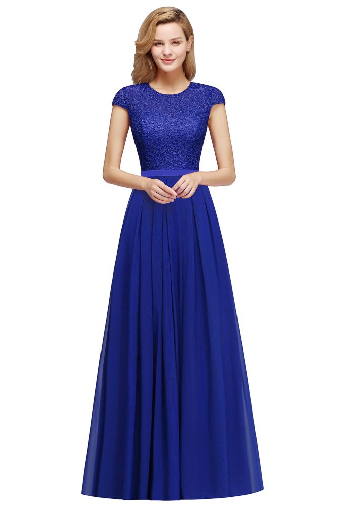 Elegante vestido de noche con mangas cortas y corte en A, vestido de fiesta largo azul marino