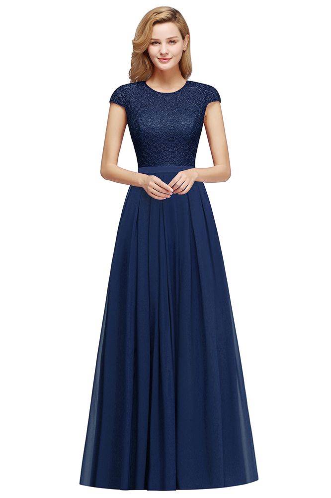 Elegante vestido de noche con mangas cortas y corte en A, vestido de fiesta largo azul marino