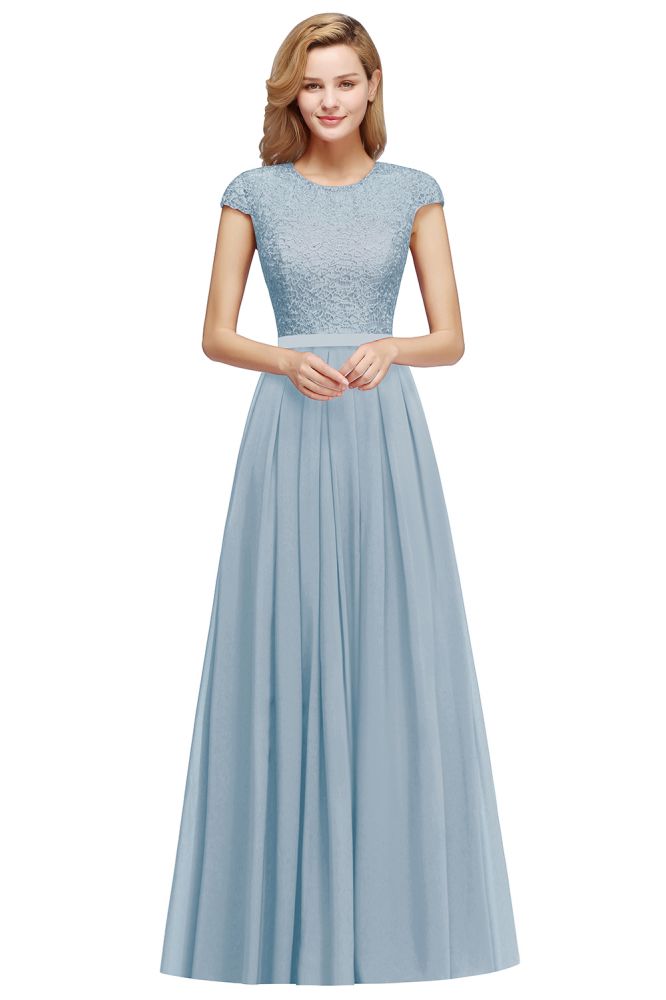 Elegante vestido de noche con mangas cortas y corte en A, vestido de fiesta largo azul marino