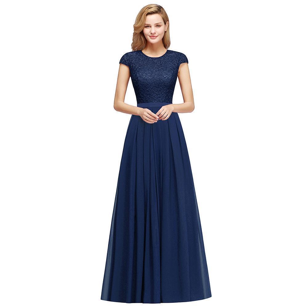 Elegante vestido de noche con mangas cortas y corte en A, vestido de fiesta largo azul marino