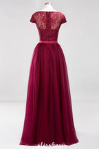 Elegante vestido de noche con mangas cortas y estampado floral, corte en A, con apliques de tul para dama de honor