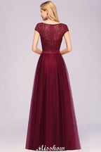Elegante vestido de noche con mangas cortas y estampado floral, corte en A, con apliques de tul para dama de honor