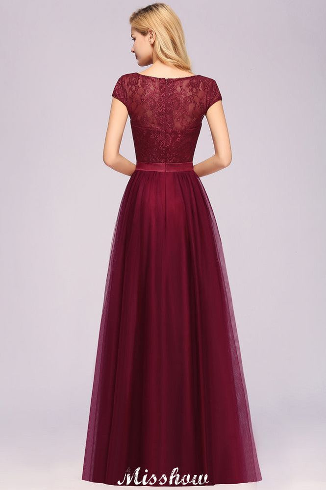 Elegante vestido de noche con mangas cortas y estampado floral, corte en A, con apliques de tul para dama de honor