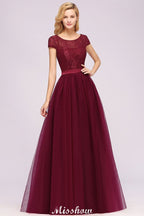 Elegante vestido de noche con mangas cortas y estampado floral, corte en A, con apliques de tul para dama de honor