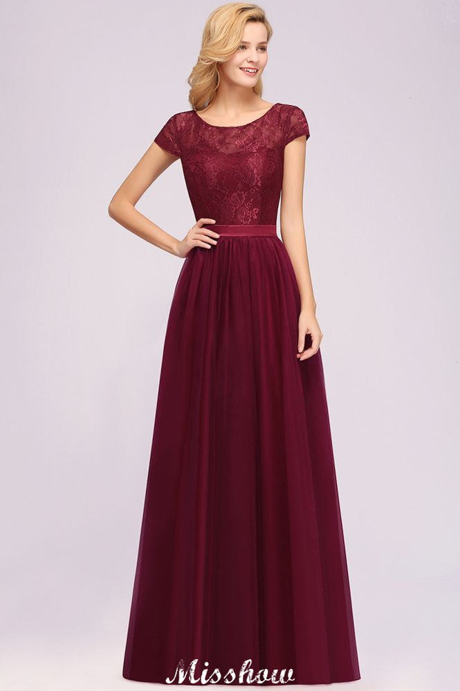 Elegante vestido de noche con mangas cortas y estampado floral, corte en A, con apliques de tul para dama de honor