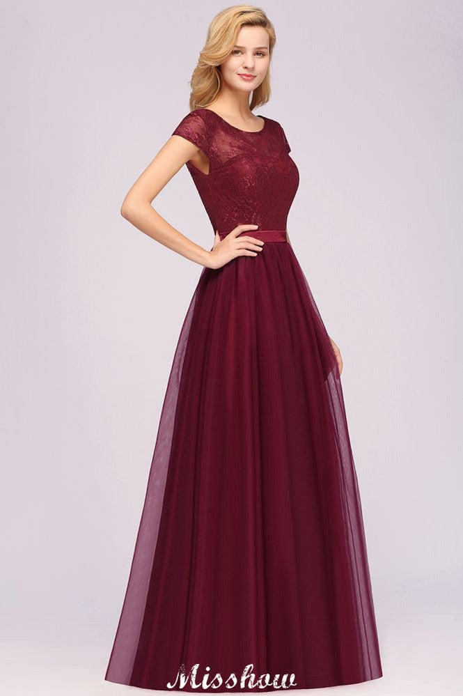 Elegante vestido de noche con mangas cortas y estampado floral, corte en A, con apliques de tul para dama de honor