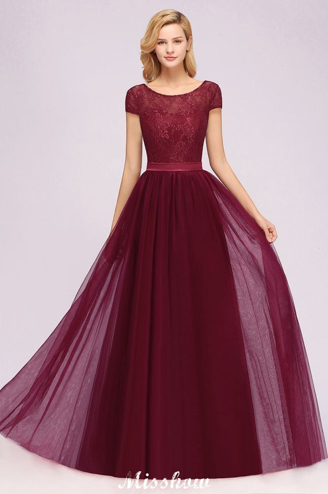 Elegante vestido de noche con mangas cortas y estampado floral, corte en A, con apliques de tul para dama de honor
