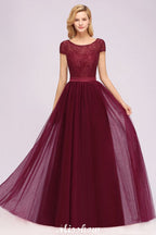 Elegante vestido de noche con mangas cortas y estampado floral, corte en A, con apliques de tul para dama de honor