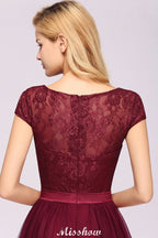 Elegante vestido de noche con mangas cortas y estampado floral, corte en A, con apliques de tul para dama de honor